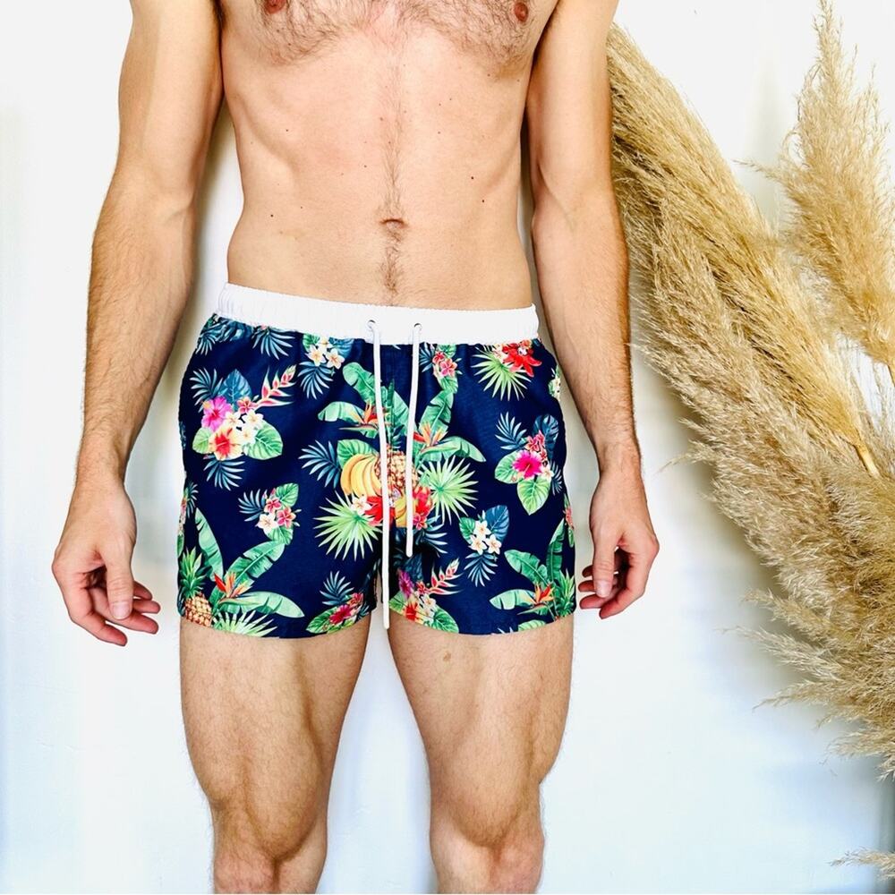 MENS AUSSIEBUM Navy Blue White Floral Palm Swim Trunks Shorts Pockets Unlined M